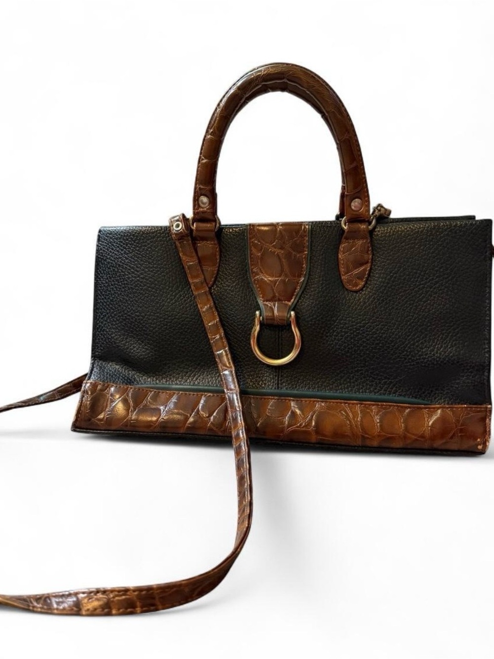 JACKSON Black and Brown Croc-Trim Satchel with Detachable Strap